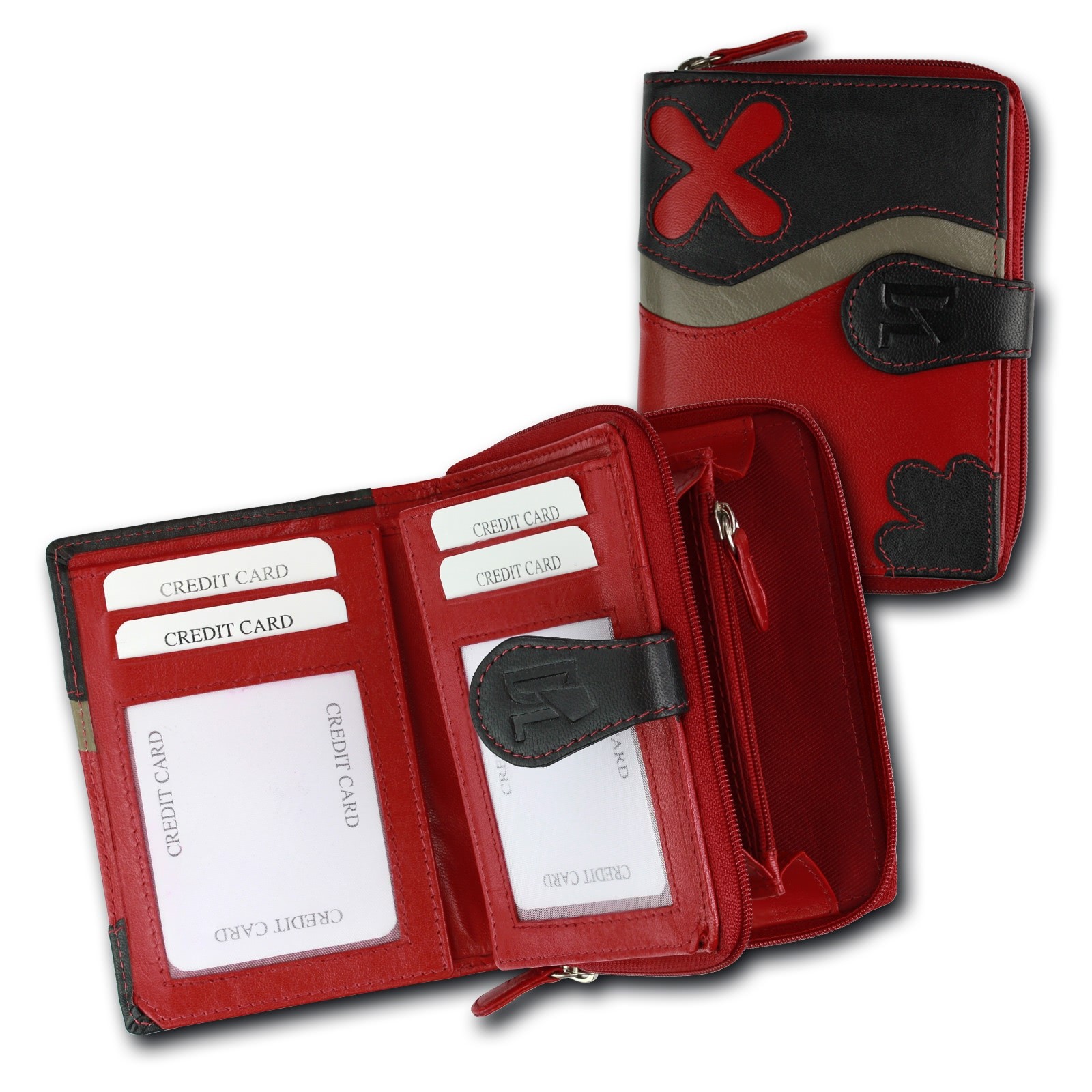 DrachenLeder Damen Echtes Leder rot schwarz Blumen Geldbeutel OPS101R