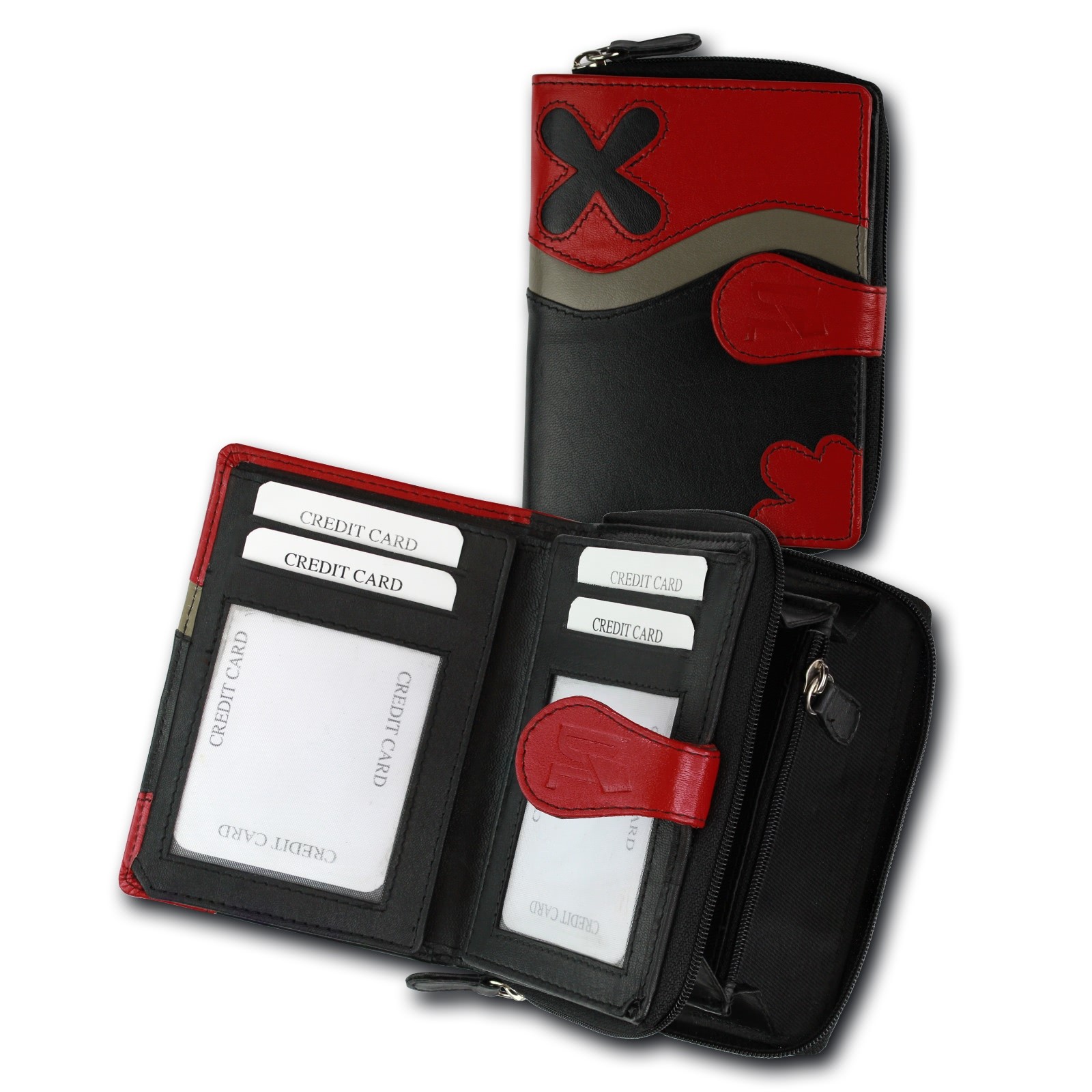 DrachenLeder Damen Echtes Leder schwarz rot Blumen Geldbeutel OPS101S
