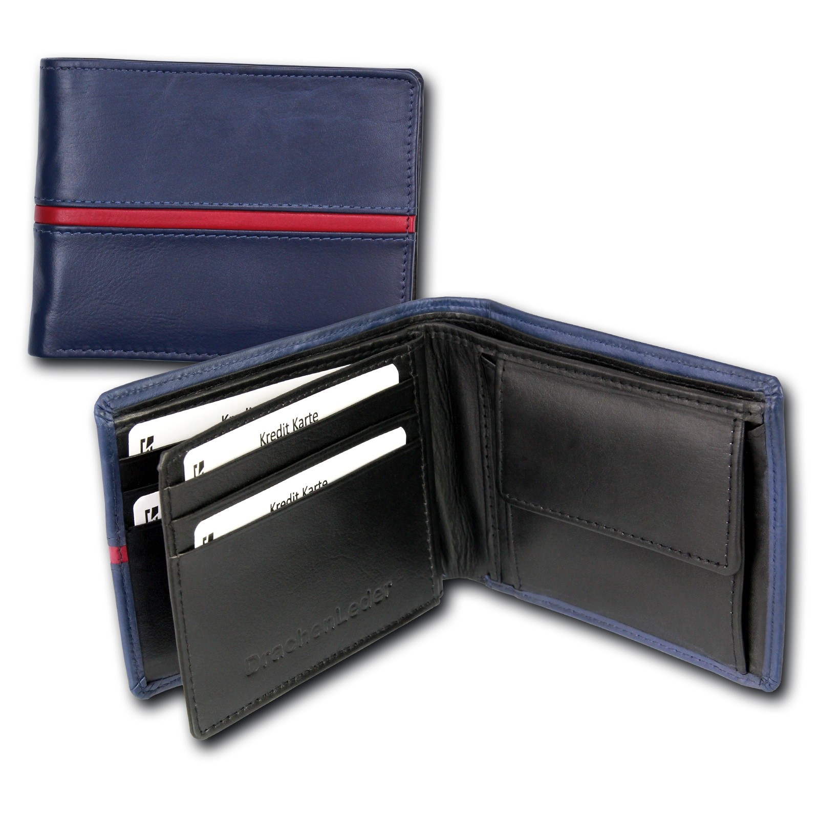 Portemonnaie Querformat Leder blau Geldbörse Brieftasche DrachenLeder OPS105B