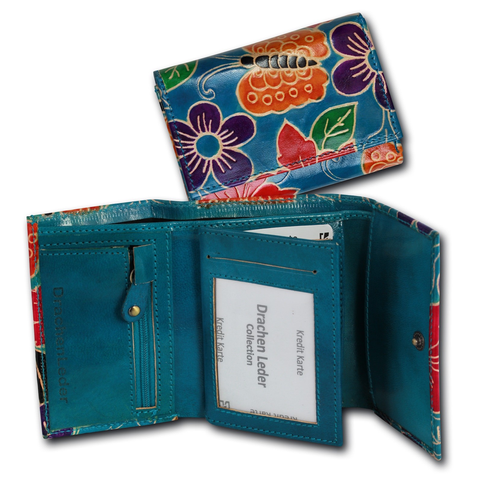 DrachenLeder Damen Geldbörse Lackleder blau mit Blumen OPS109F