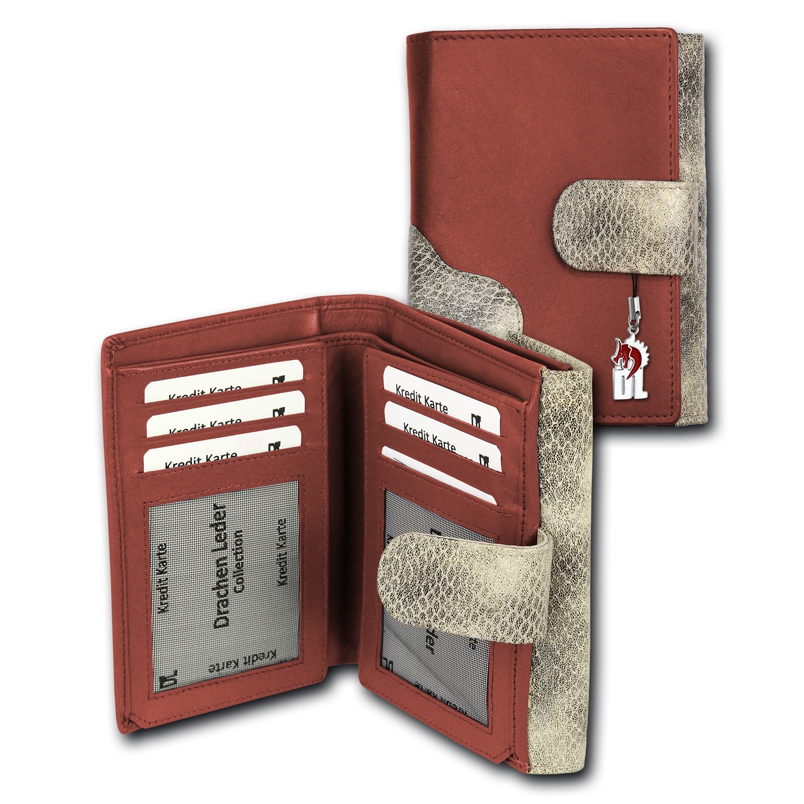 Portemonnaie Hochformat Leder rot, grau Damen Geldbörse DrachenLeder OPS700R
