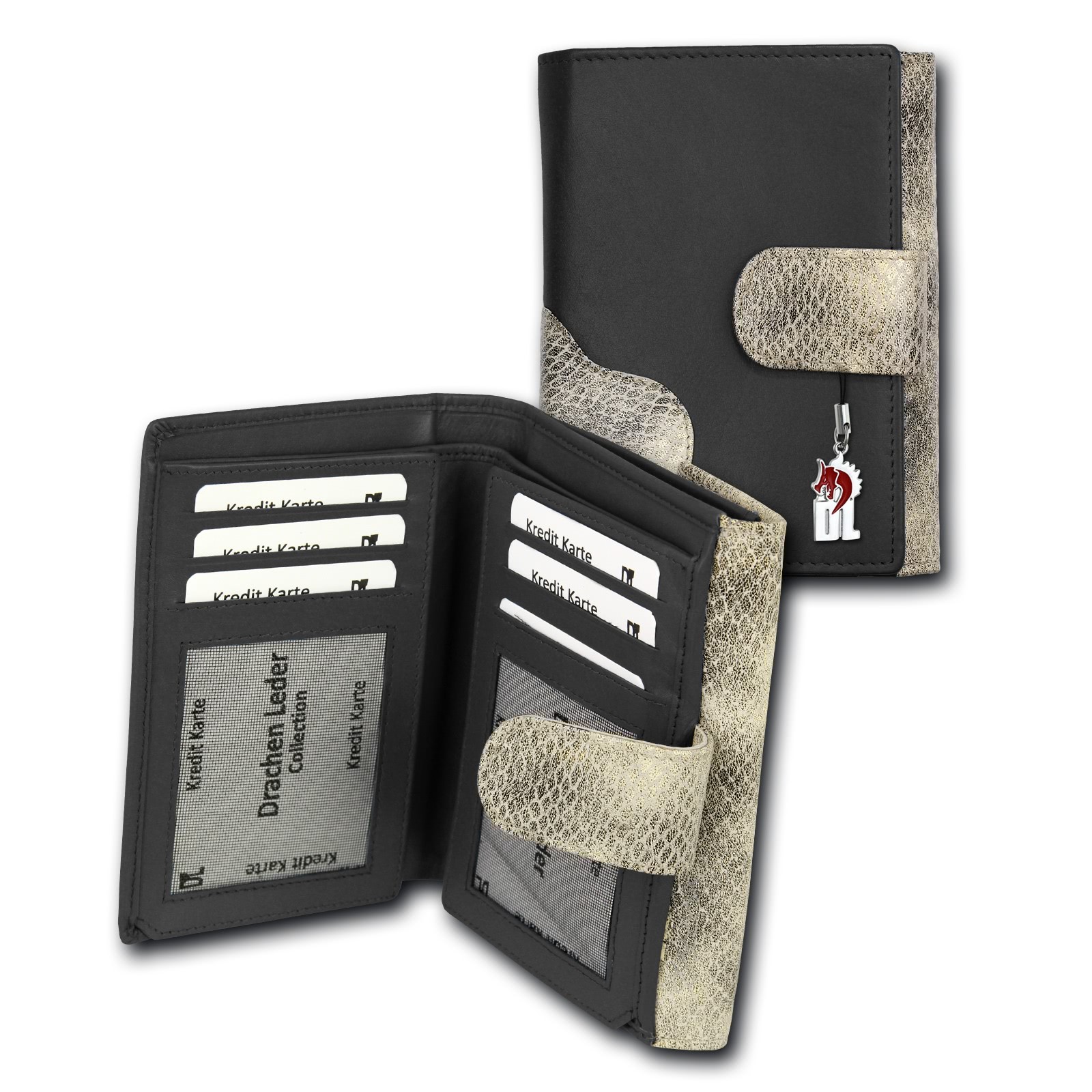 Portemonnaie Hochformat Leder schwarz, grau Damen Geldbörse DrachenLeder OPS700S