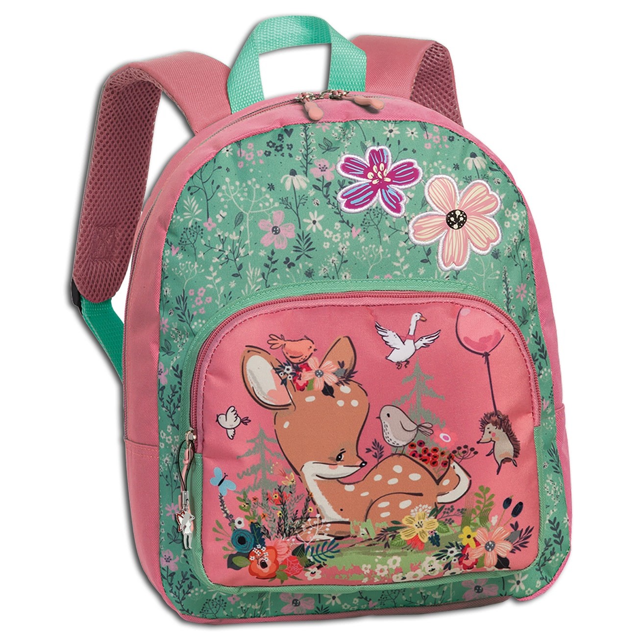 Fabrizio Kinderrucksack mit Reh-Motiv Blumen rosa grün Rehkitz Tasche ORI206L