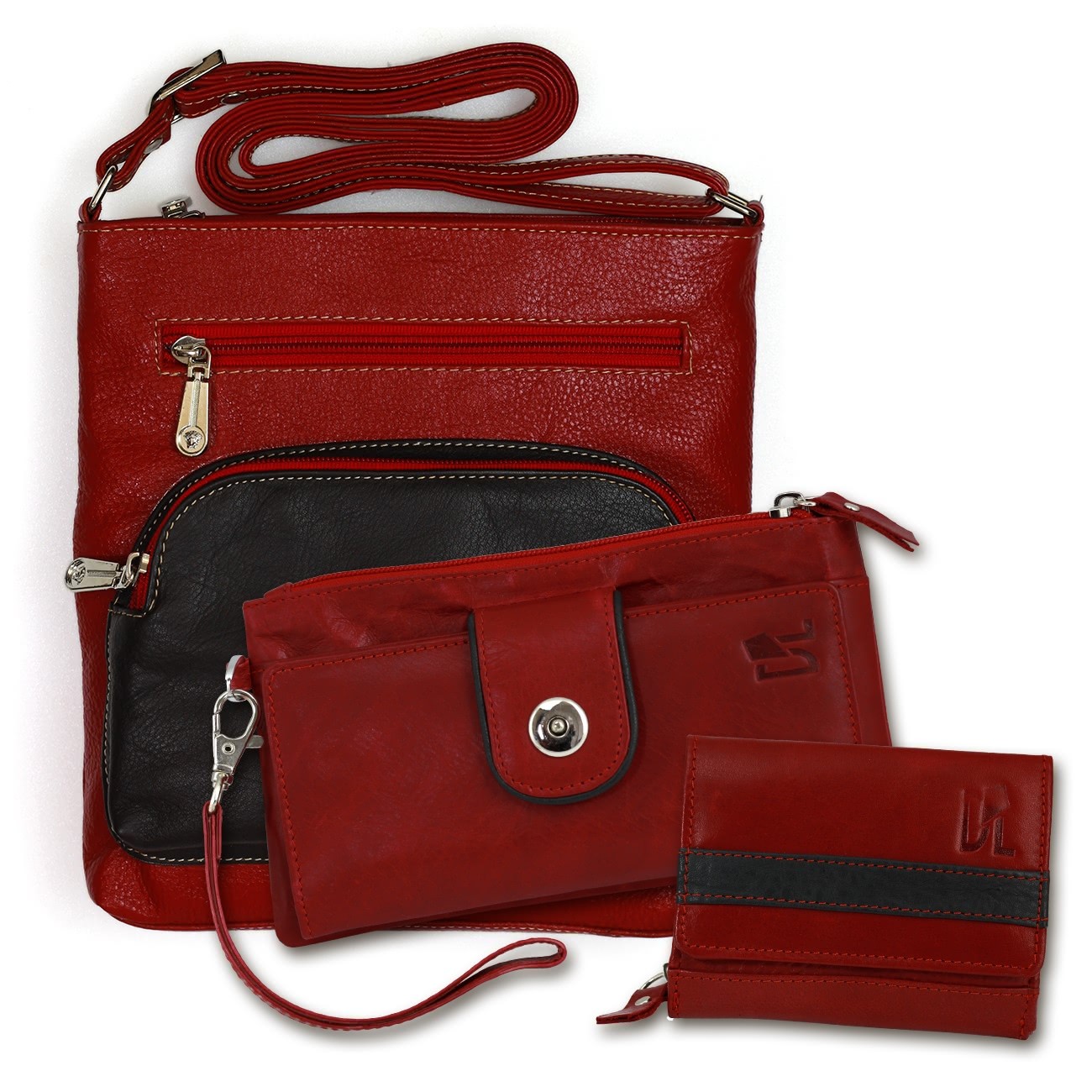 Umhängetasche + Geldbörse + Wristlet Set Leder rot Geschenkset 3tlg. OSZ101R