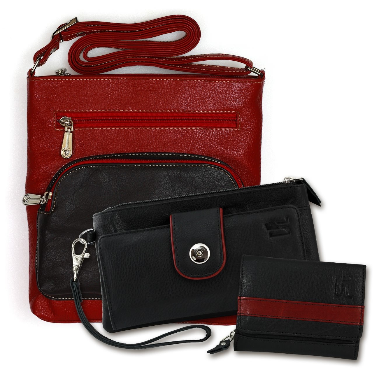 Umhängetasche + Geldbörse + Wristlet Set Leder schwarz Geschenkset 3tlg. OSZ101S