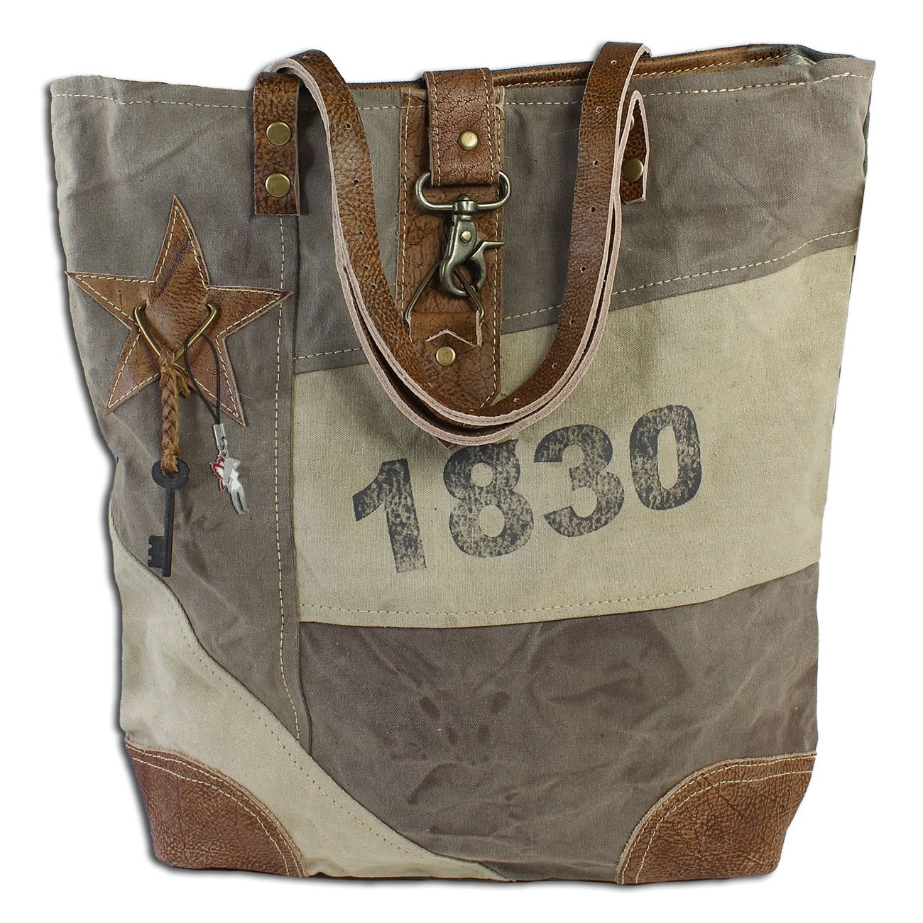 Sunsa Vintage Upcycle XL Shopper Canvas Echtleder braun OTA206N
