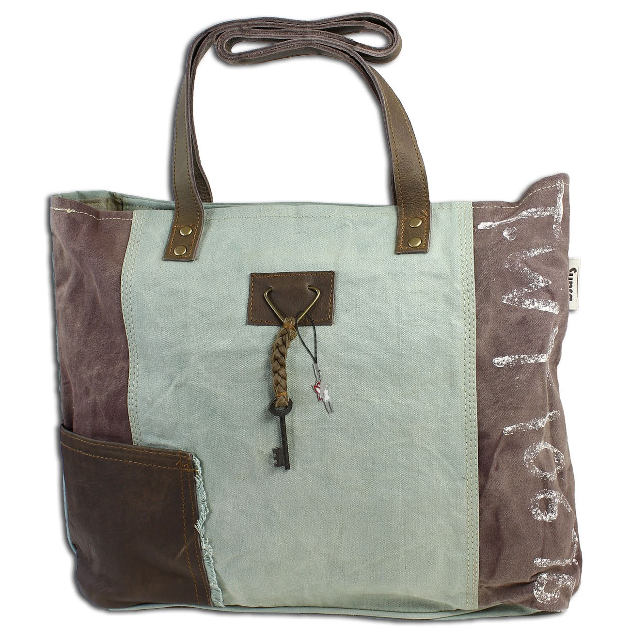 Sunsa Vintage Upcycle XL Shopper Canvas türkis braun OTA207L