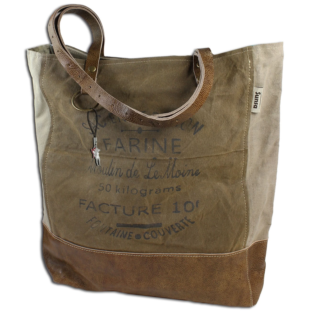 Sunsa Vintage Upcycle XL Shopper Canvas Echt-Leder braun OTA208N