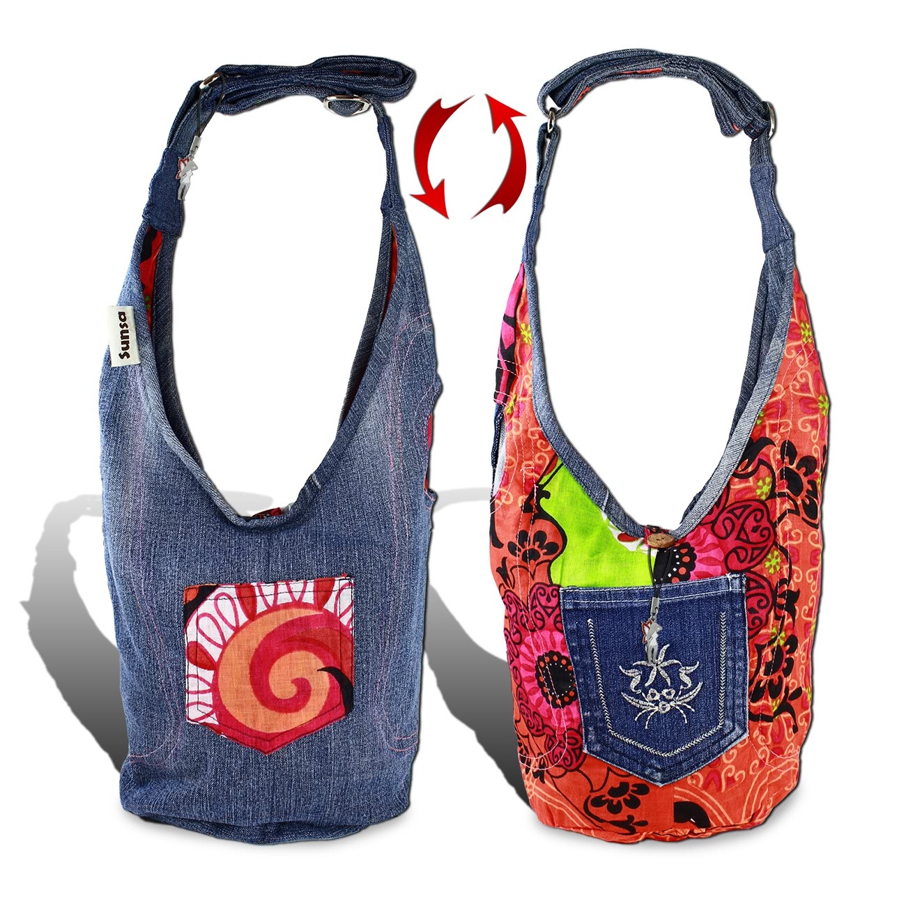 Sunsa Wendetasche Kinder Hobo Bag Canvas/Jeans Upcycling Beuteltasche OTA430BO