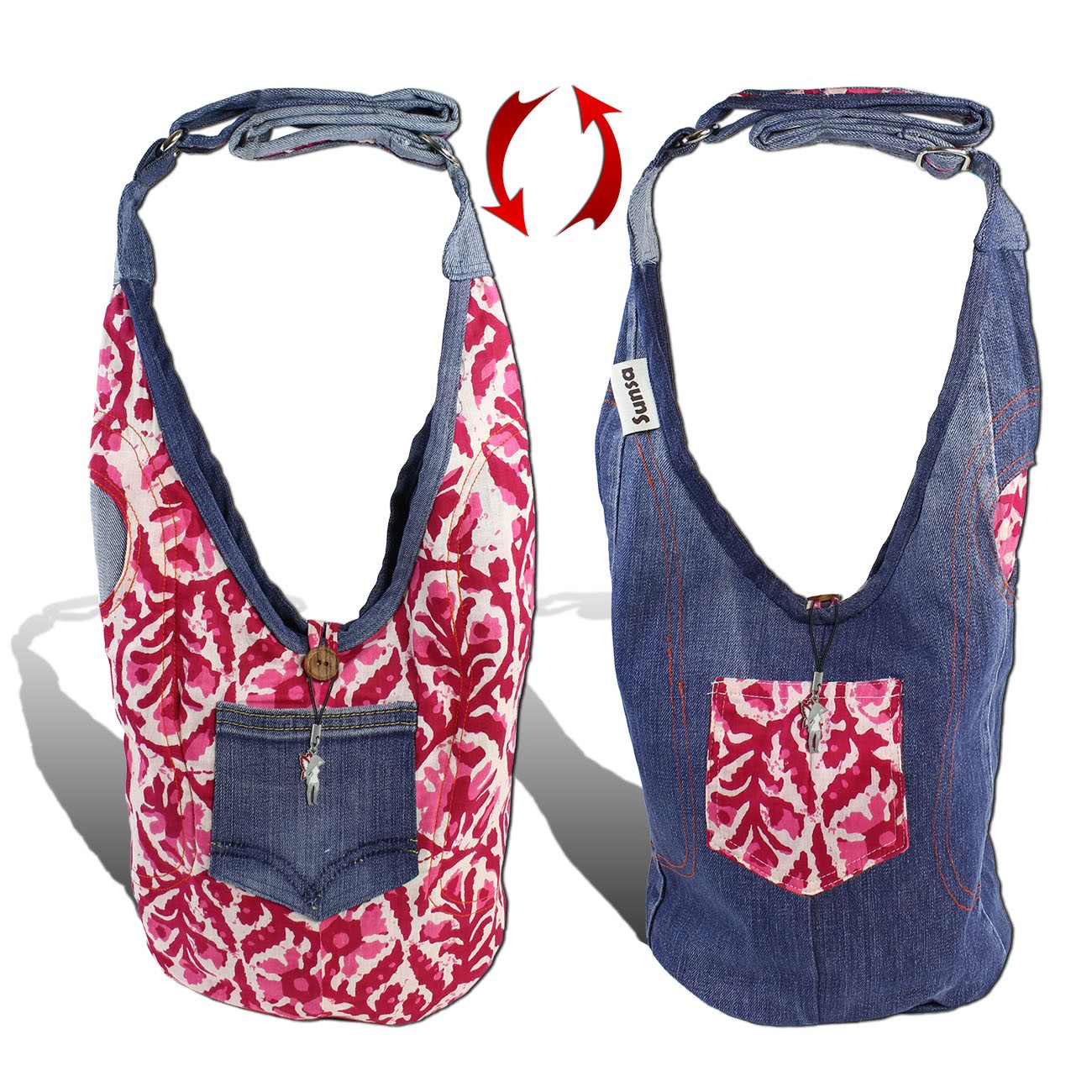 Sunsa Wendetasche Kinder Hobo Bag Canvas/Jeans Upcycling Beuteltasche OTA430BR