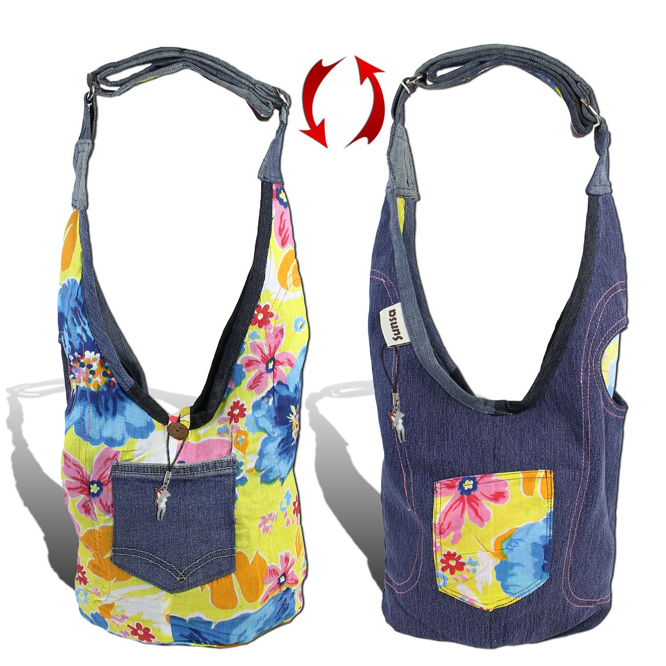 Sunsa Wendetasche Kinder Hobo Bag Canvas/Jeans Upcycling Beuteltasche OTA430BY