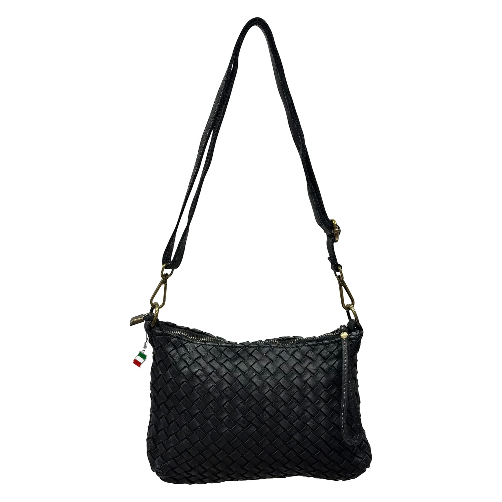 Florence Damen Umhängetasche geflochtenes Leder Tasche schwarz OTF859S1