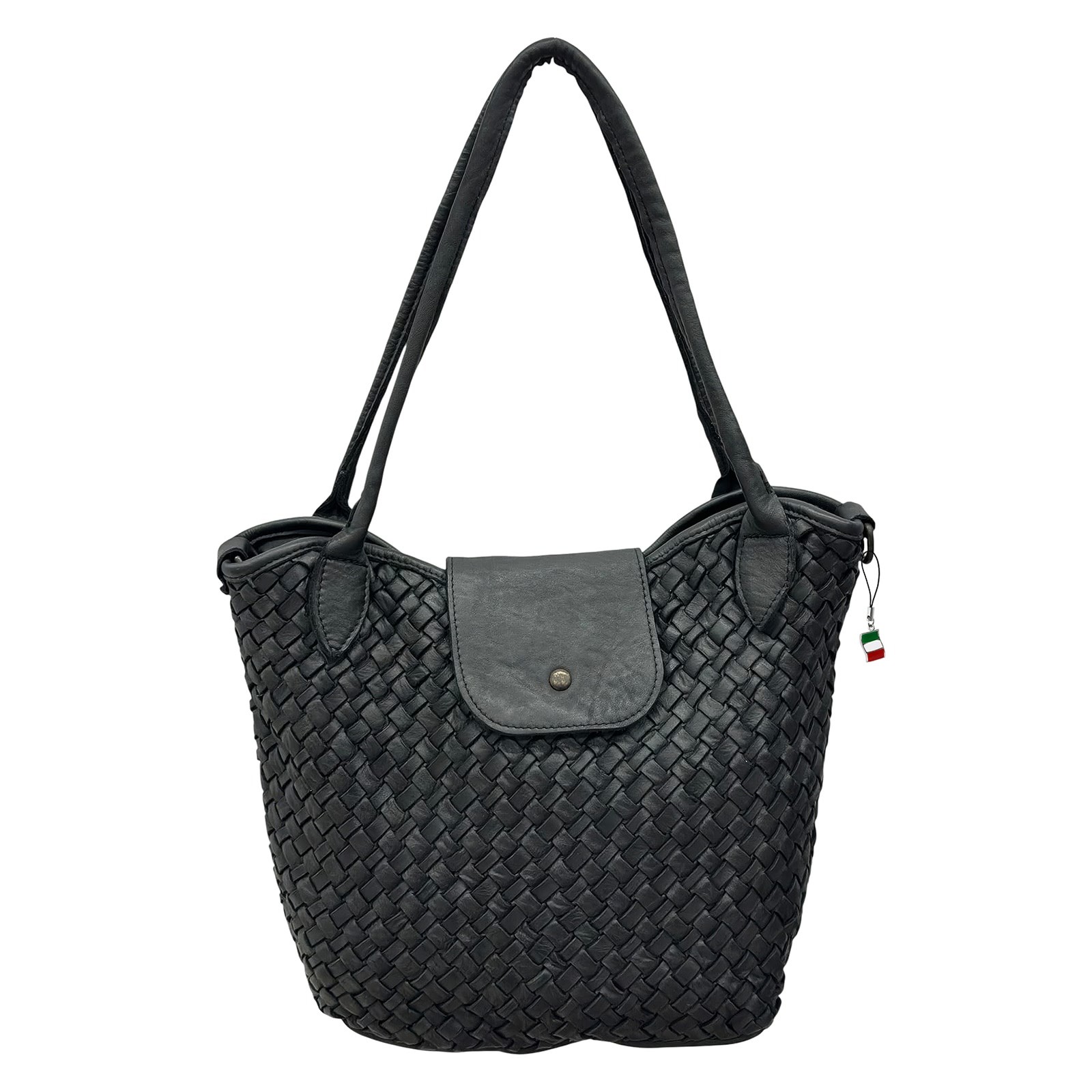 Florence Damen Schultertasche geflochtene Echtleder Tasche schwarz OTF862S1