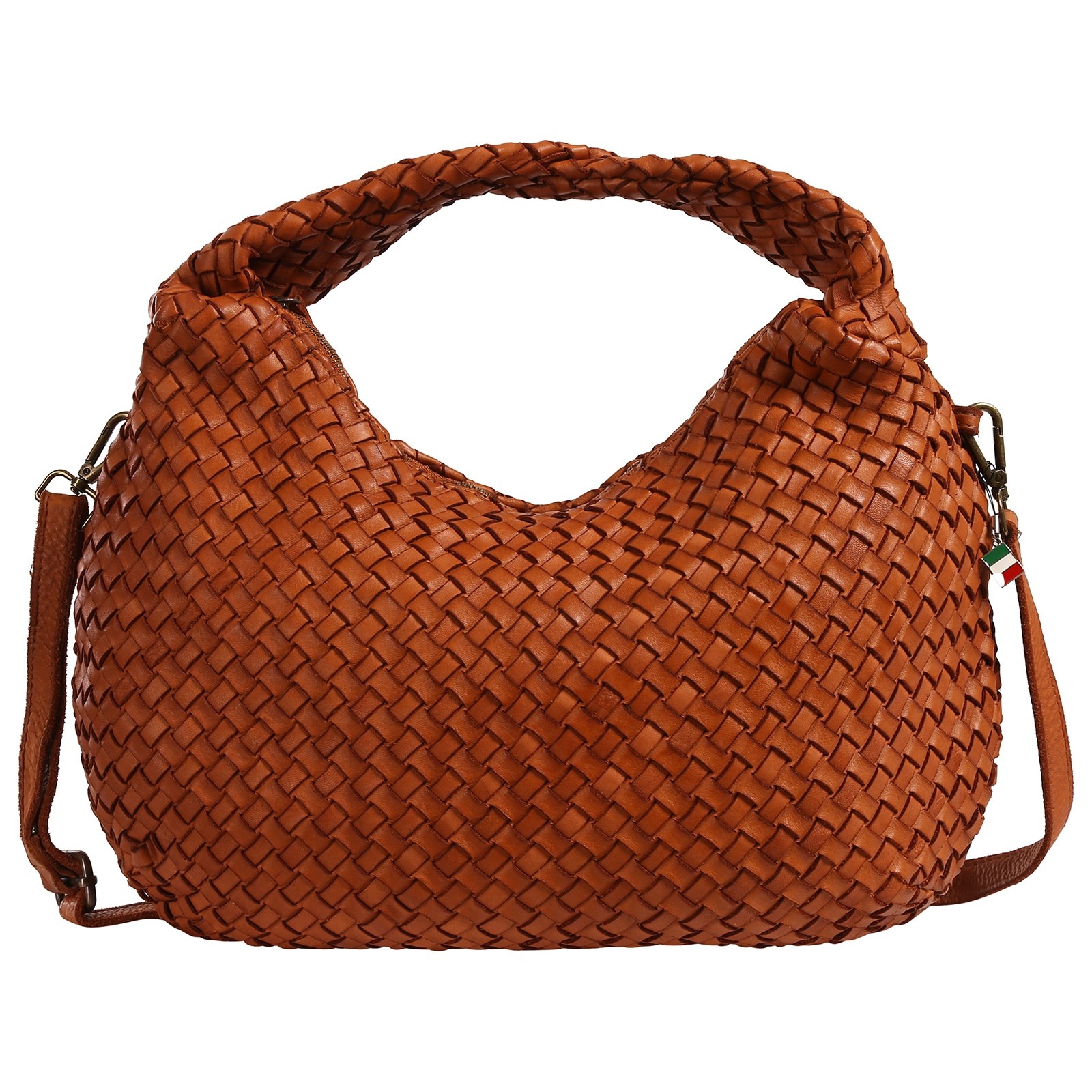 Florence Damen Schultertasche geflochten Echtleder Used Look braun OTF866C5