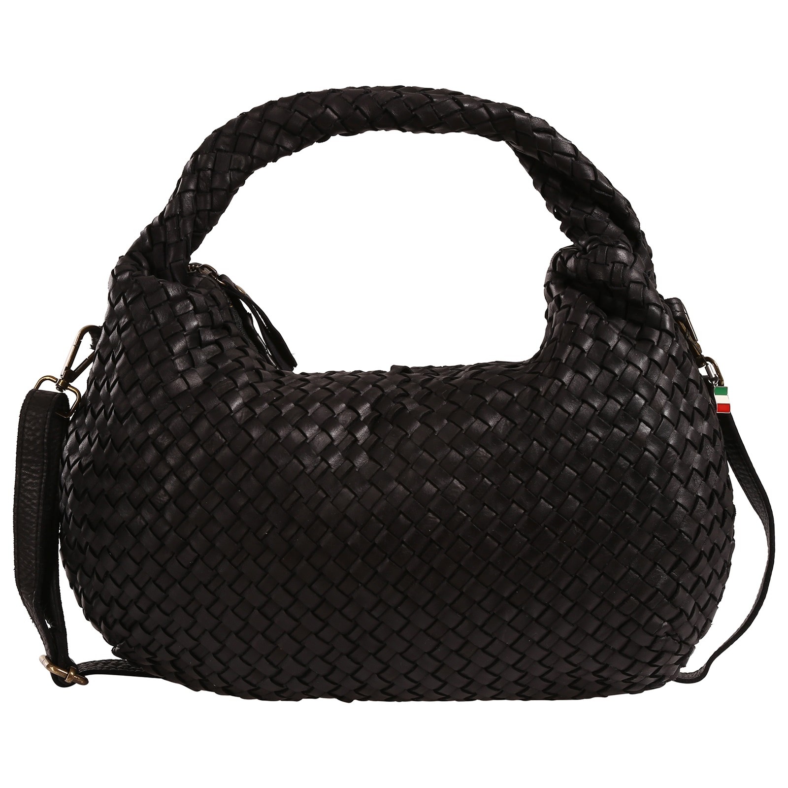Florence Damen Schultertasche geflochtene Echtleder Used Look schwarz OTF866S1