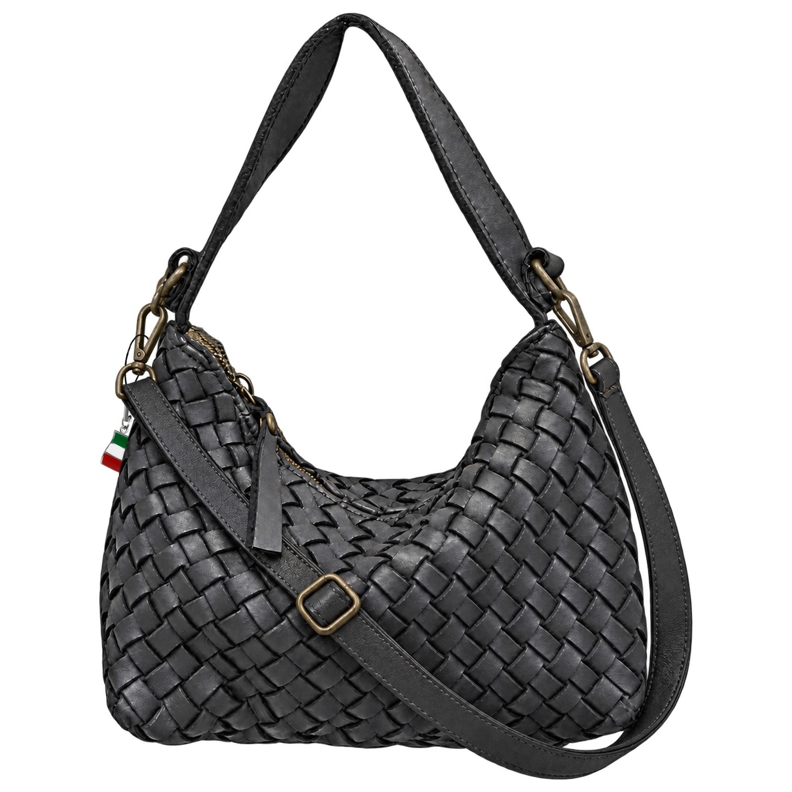 Florence Damen Umhängetasche geflochtenes Leder Tasche schwarz OTF888S1