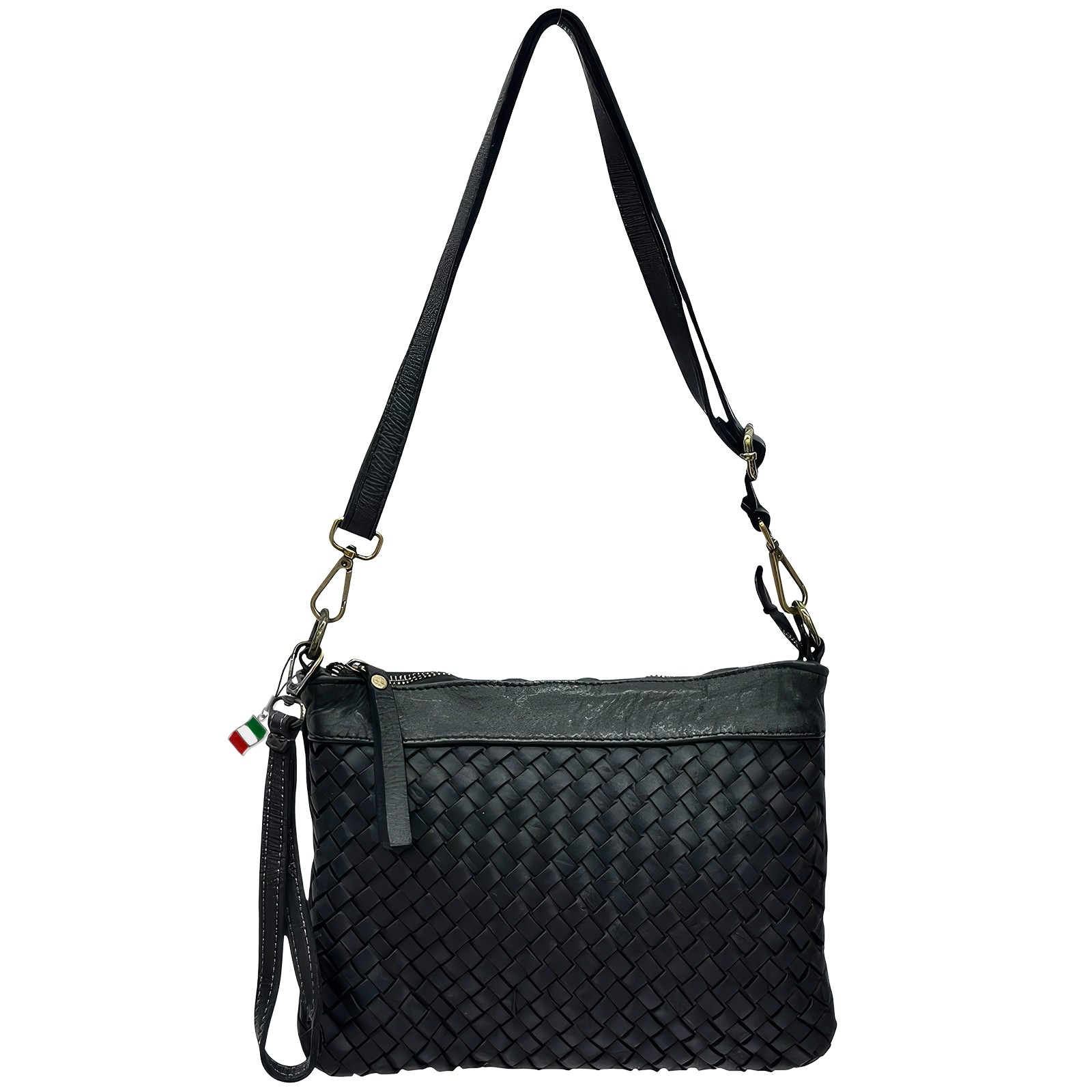 Florence Damen Umhängetasche geflochtenes Leder Tasche schwarz OTF896S1