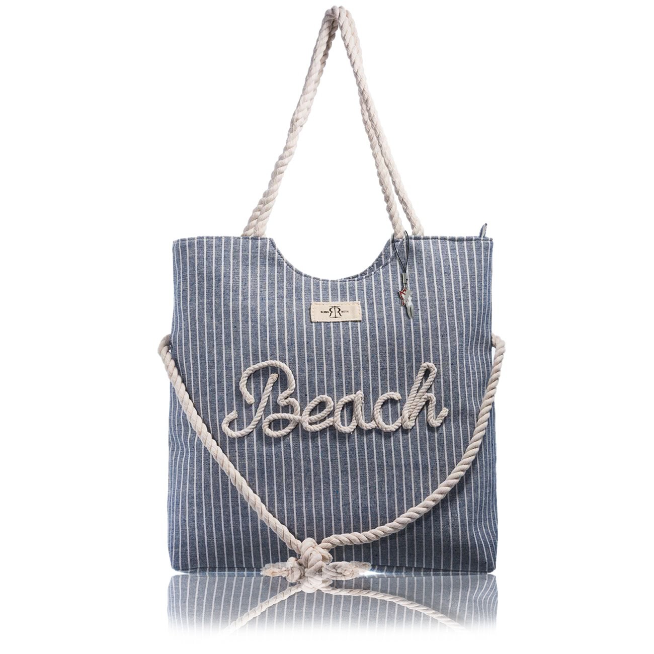 Robin Ruth blau beige gestreifte Canvas Strandtasche mit Seiloptik OTG2094B