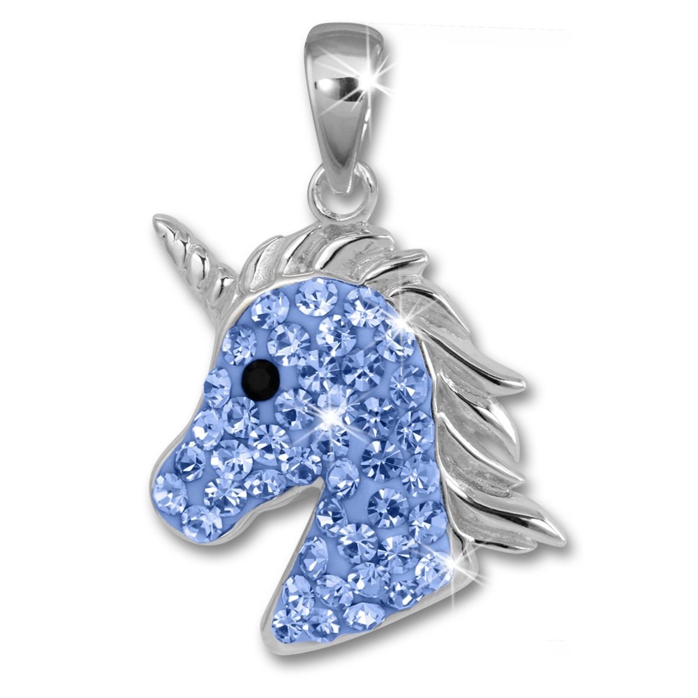 Teenie-Weenie Kettenanhänger Einhornkopf Zirkonia blau Kinder 925 Silber SDH459H