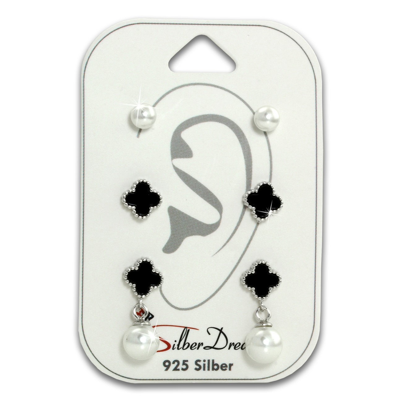 SilberDream Ohrstecker 3er Set Perle, Kleeblätter 925er Silber Ohrringe SDS604WS