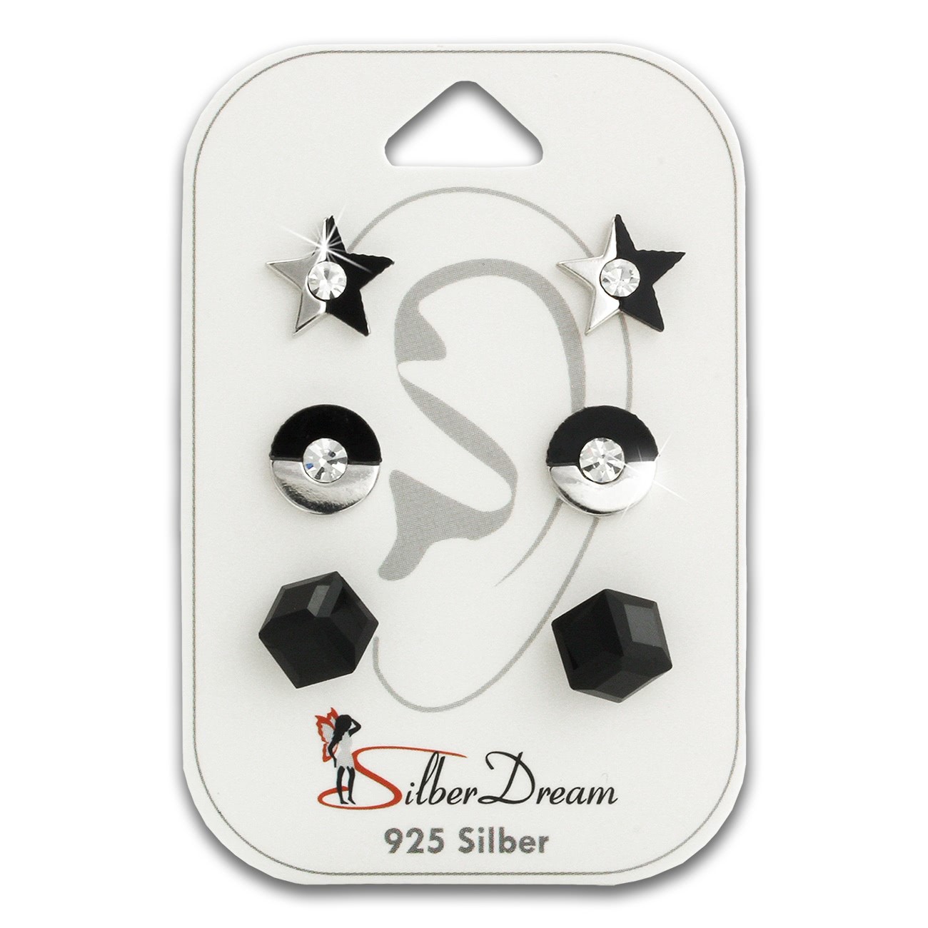SilberDream Ohrstecker 3er Set Stern, Kreis, Würfel 925er Ohrringe SDS609SW