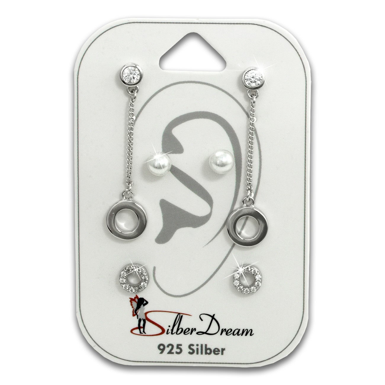 SilberDream Set Di 3 Orecchini In Argento 925 Con Zirconi E Perle Finte, Regalo Per Donna (Modello D2SDS601WJ)