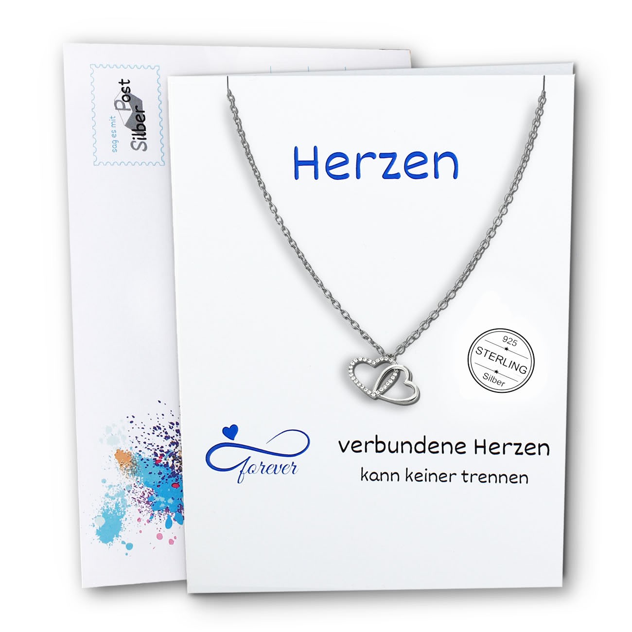 SilberPost Geschenkkarte Herzen mit Herzkette Zirkonia weiß 925 Silber SPK0019W