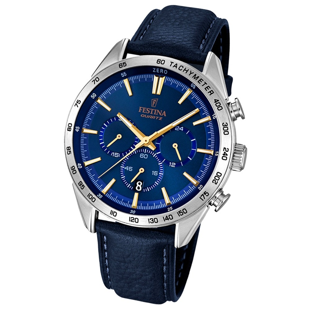 FESTINA Herren-Armbanduhr Timeless Chronograph Quarz Leder blau UF16844/2