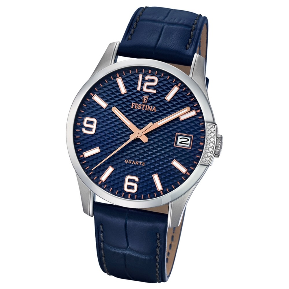 Festina Herren Armband-Uhr klassisch F16982/4 Quarz Leder blau UF16982/4