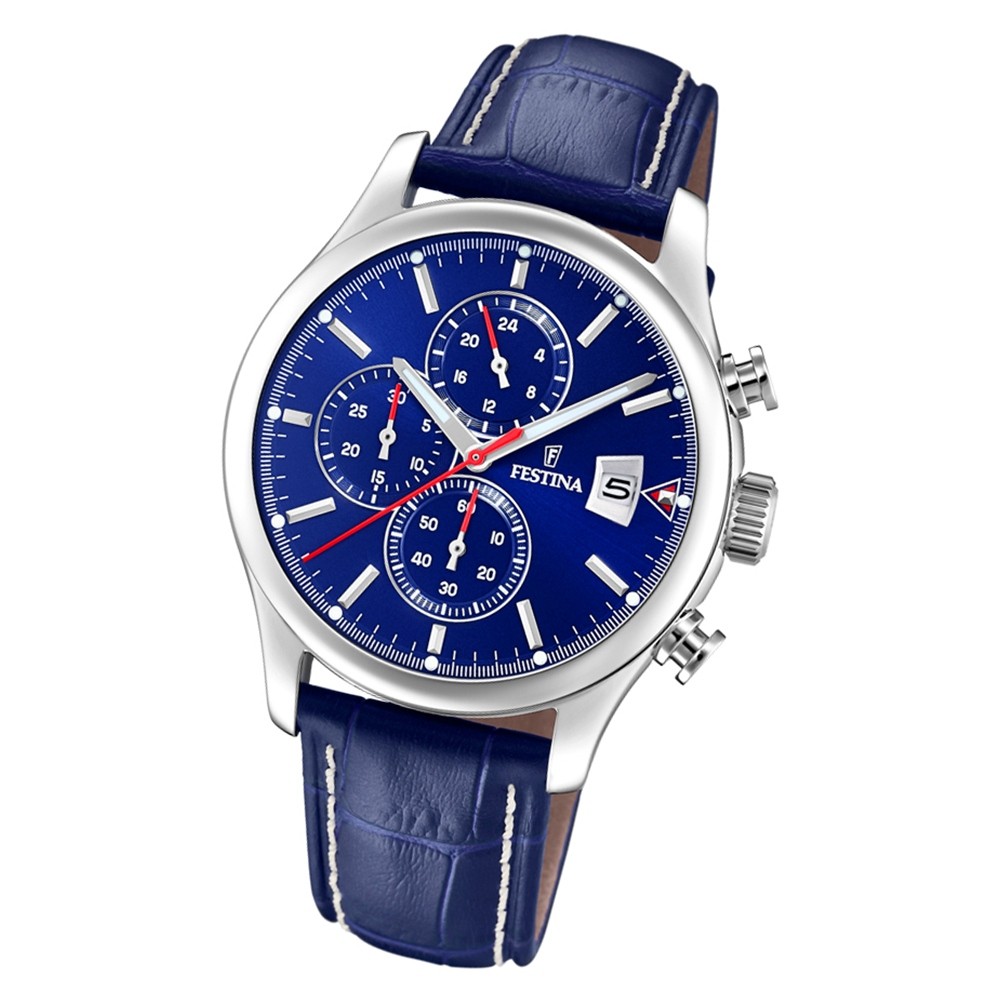 Festina Herren Armbanduhr Time Chronograph F20375/2 Quarz Leder blau UF20375/2