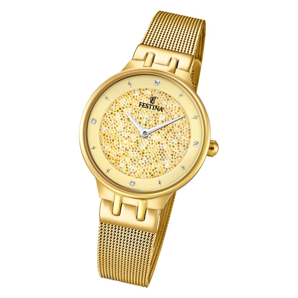 Festina Damen Armbanduhr Zirkonias F20386/2 Edelstahl gold UF20386/2