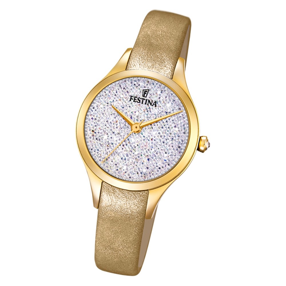 Festina Damen Armbanduhr F20410/1 Zirkonias Leder gold UF20410/1