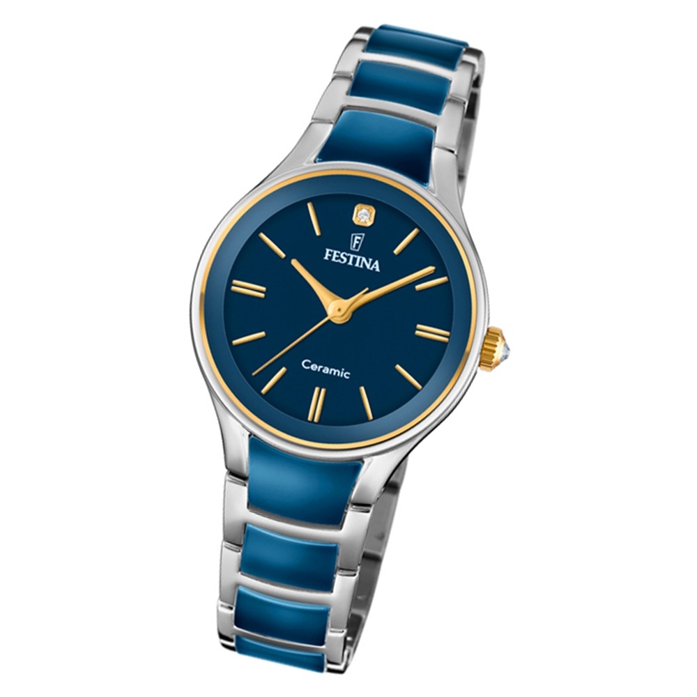 Festina Damen Armbanduhr Ceramic F20474/3 Edelstahl blau silber UF20474/3