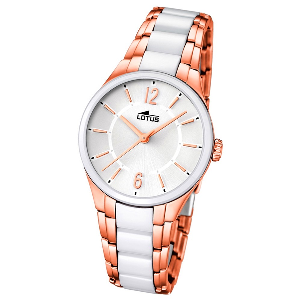 LOTUS Damenuhr rosegold, Edelstahl-Keramikband weiß Trendy Uhren UL15936/1