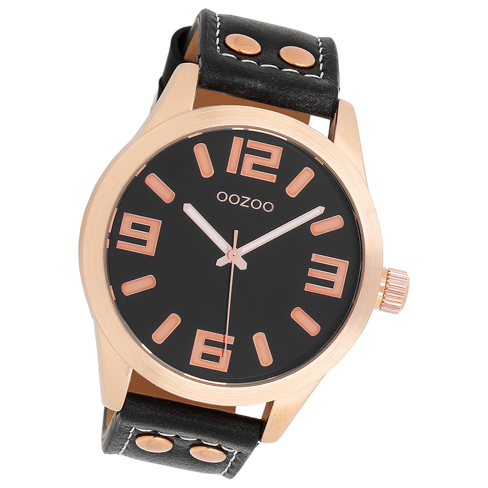 OOZOO Damenuhr schwarz/rosegold 46mm, Uhr mit Leder-Armband UOC1159