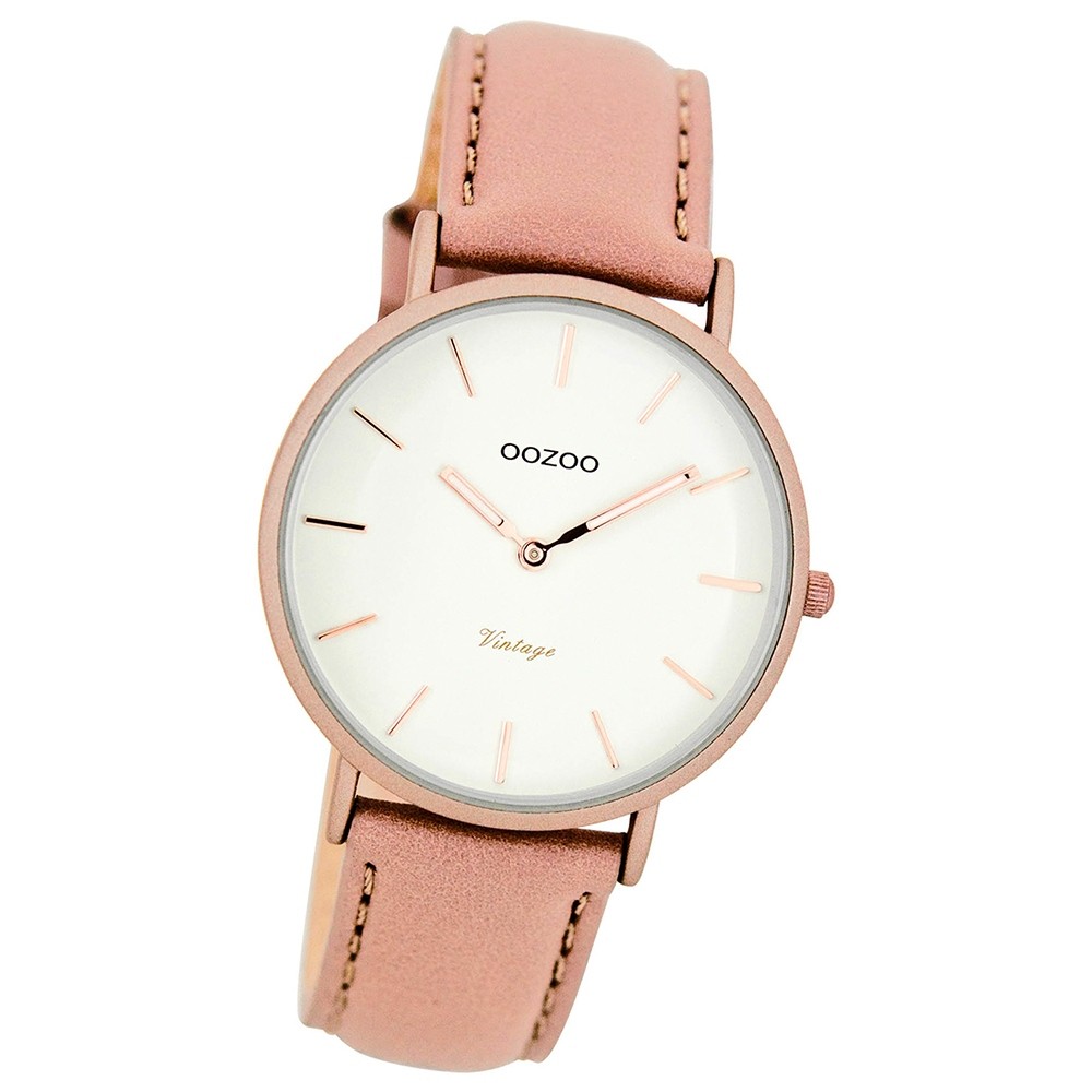 Oozoo Damen-Uhr Ultra Slim Quarzuhr Leder-Armband pinkgrau UOC7747