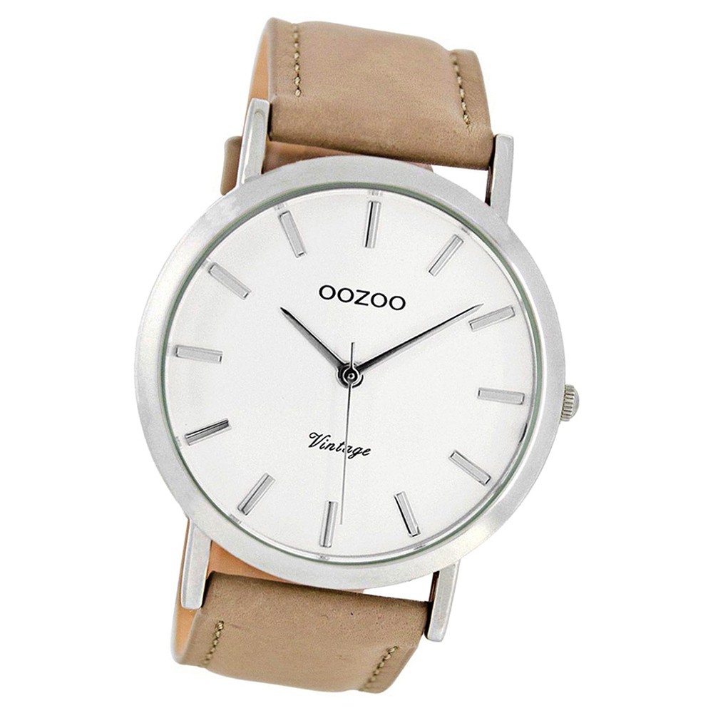 Oozoo Herren-Uhr Ultra Slim Quarzuhr Leder-Armband sand beige hellbraun UOC8115