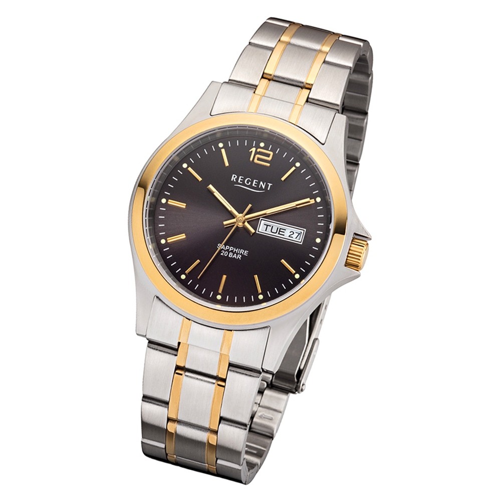Regent Herren Armbanduhr Analog BA-386 Quarz-Uhr Metall silber gold URBA386