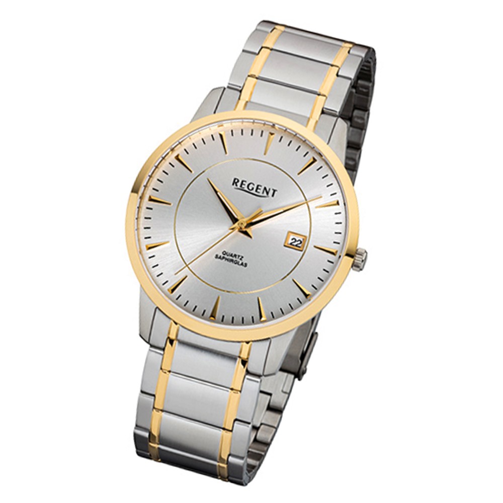Regent Herren-Armbanduhr 32-F-1046 Quarz-Uhr Edelstahl-Armband silber gold URF10 URF1046