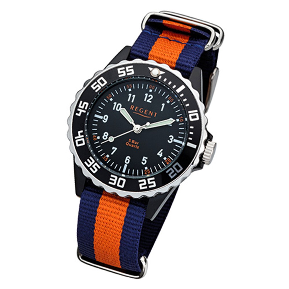 Regent Kinder, Jugend-Armbanduhr 32-F-1125 Textil, Stoff-Armband blau orange URF URF1125
