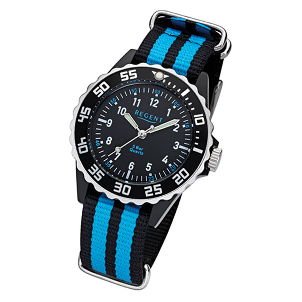 Kinder, Quarz-Uhr 32-F-1126 schwarz Stoff-Armband Textil, URF1126 Regent Jugend-Armbanduhr blau