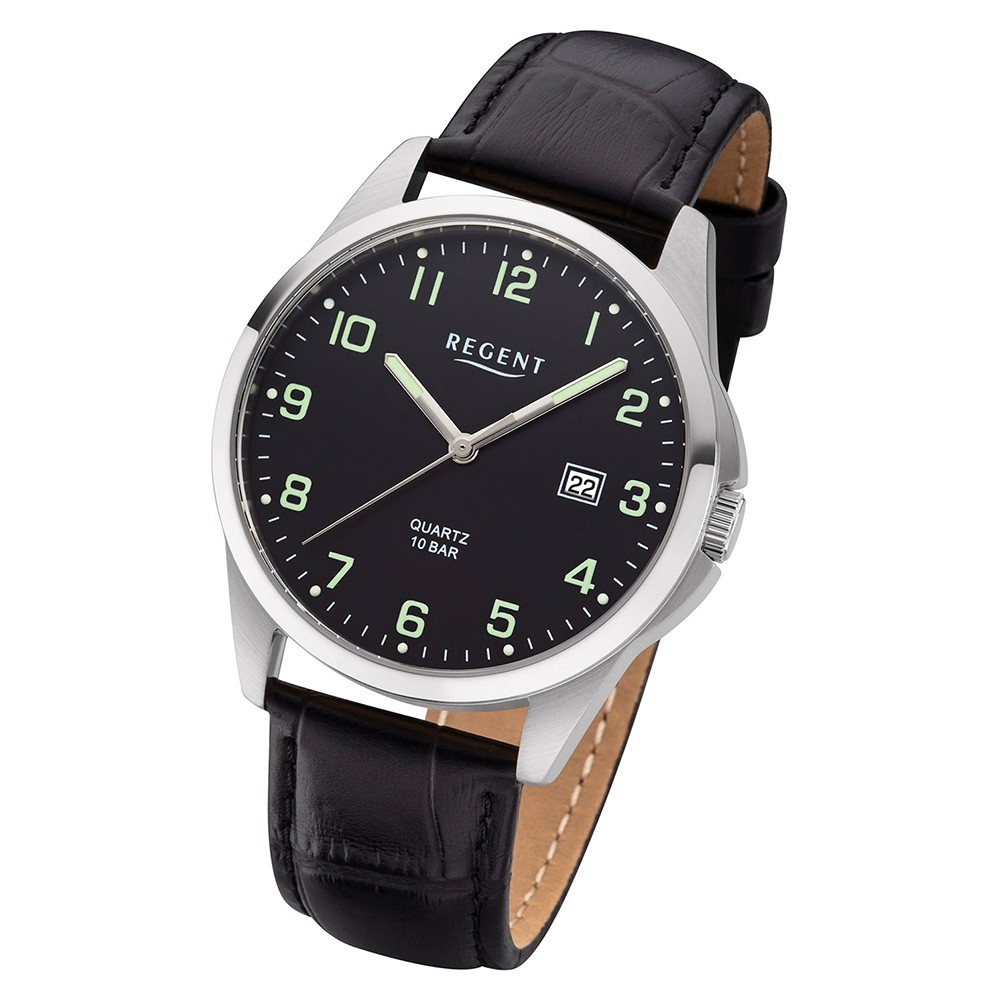 Herren Quarz-Uhr Regent schwarz Leder Armbanduhr F-1227 Analog URF1227