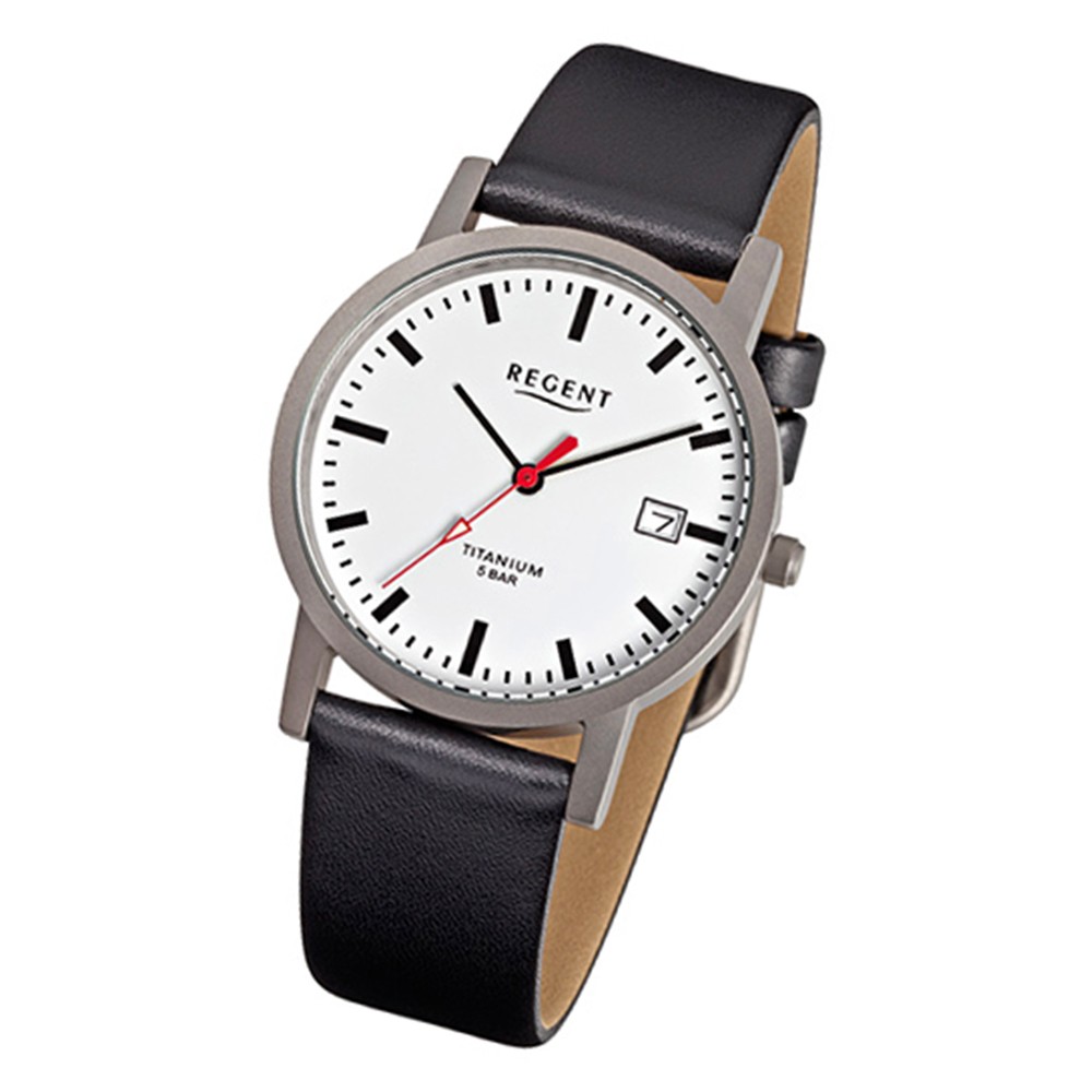 Regent Herren-Armbanduhr F-231 Titan-Uhr Leder-Armband schwarz URF231