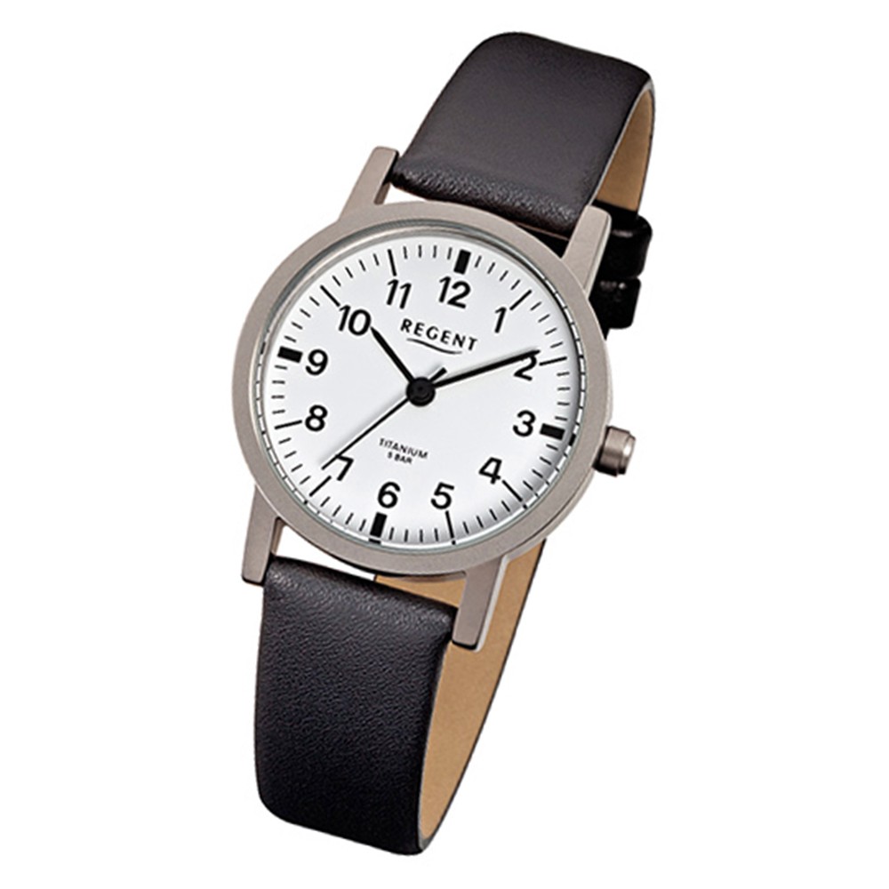 Regent Damen-Armbanduhr F-241 Titan-Uhr Leder-Armband schwarz URF241