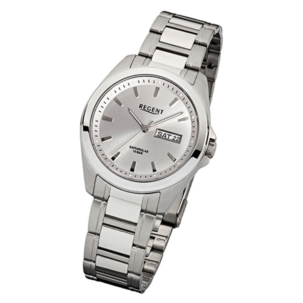 Regent Herren-Armbanduhr F-525 Quarz-Uhr Stahl-Armband silber weiß URF525