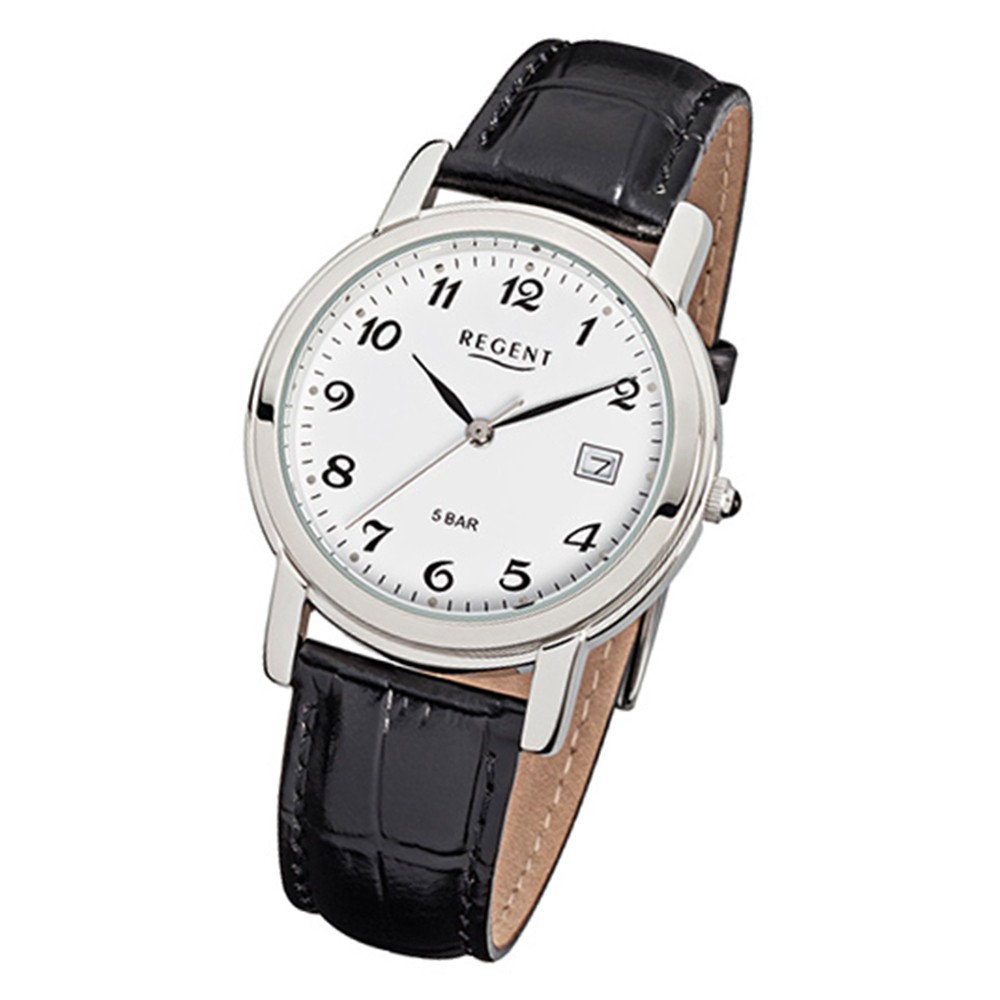 Regent Herren-Armbanduhr F-627 Quarz-Uhr Leder-Armband schwarz URF627