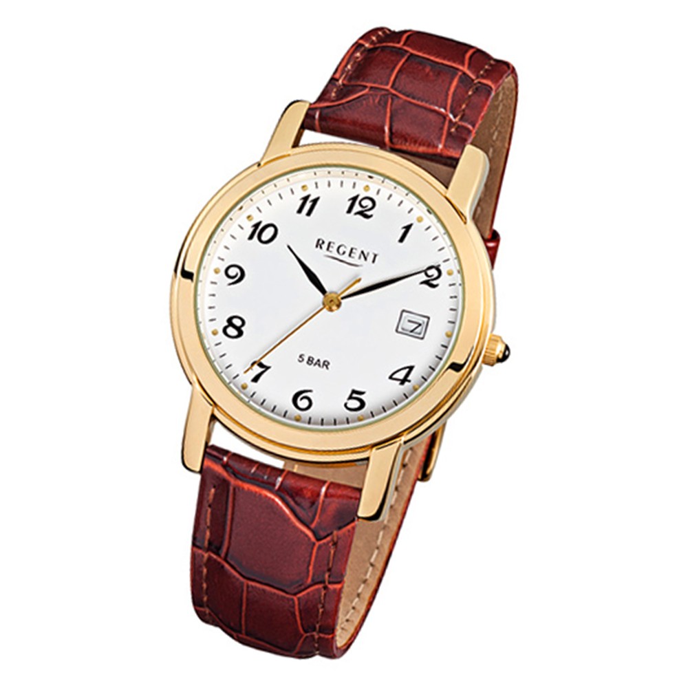 Regent Herren-Armbanduhr F-628 Quarz-Uhr Leder-Armband braun URF628