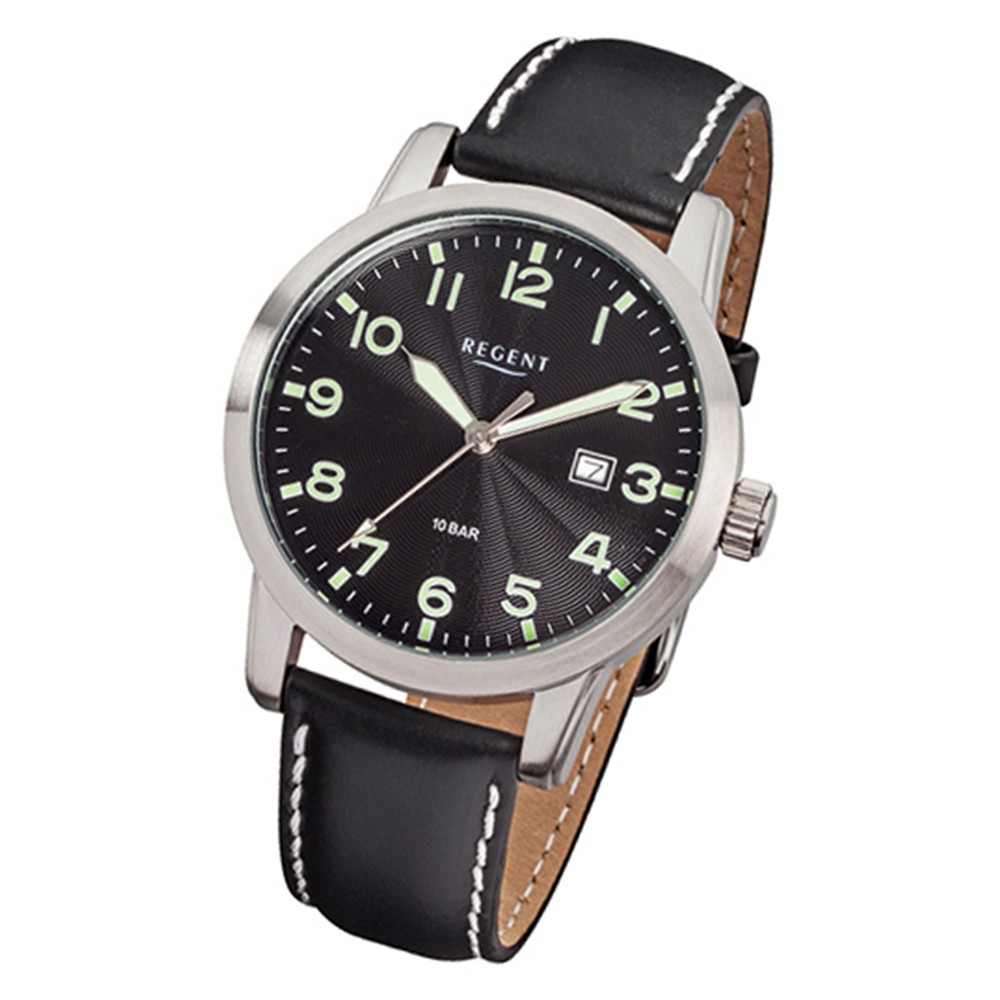 Regent Herren-Armbanduhr F-635 Quarz-Uhr Leder-Armband schwarz URF635