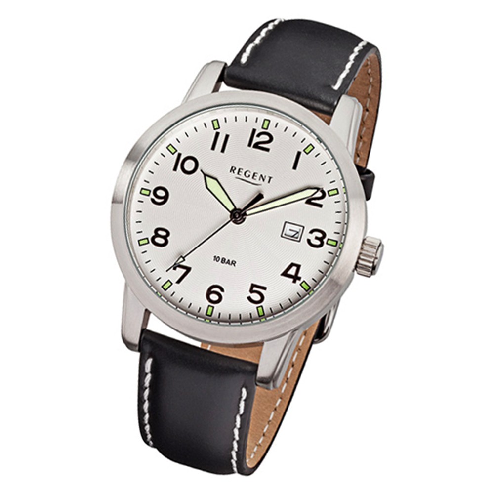 Regent Herren-Armbanduhr F-636 Quarz-Uhr Leder-Armband schwarz URF636