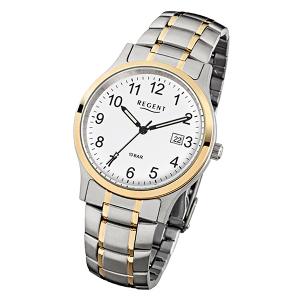 Regent Herren-Armbanduhr F-777 Quarz-Uhr Stahl-Armband gold silber URF777